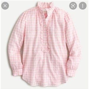 J Crew Classic Fit Ruffle Popover Top 8 Pink White Crinkle Gingham AW846 Blouse